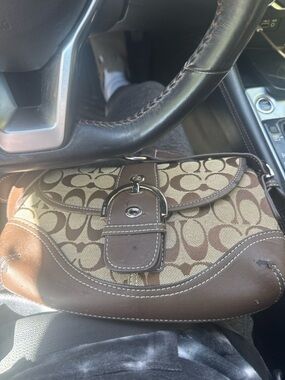 Vintage Coach Brown Signature Canvas Boho Bag with Leather Trim dust bag plus